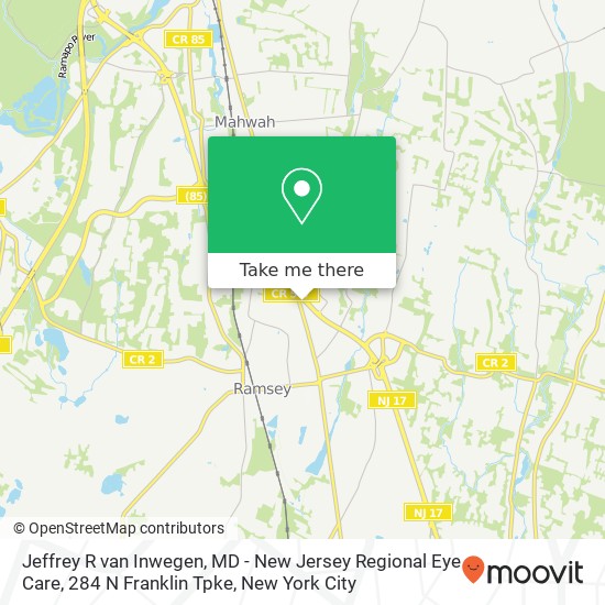 Mapa de Jeffrey R van Inwegen, MD - New Jersey Regional Eye Care, 284 N Franklin Tpke