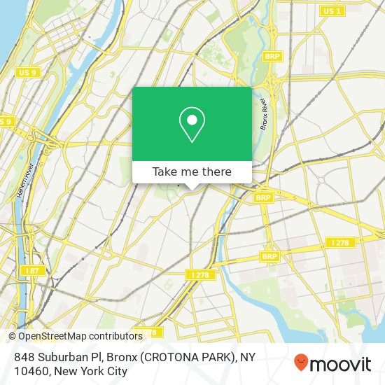 Mapa de 848 Suburban Pl, Bronx (CROTONA PARK), NY 10460