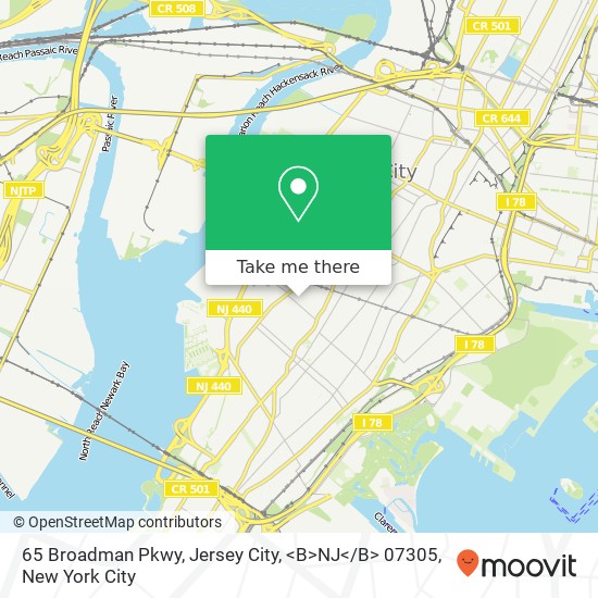 Mapa de 65 Broadman Pkwy, Jersey City, <B>NJ< / B> 07305