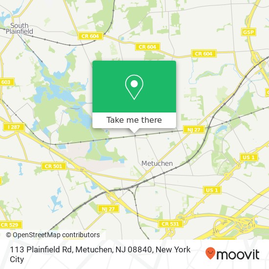 Mapa de 113 Plainfield Rd, Metuchen, NJ 08840