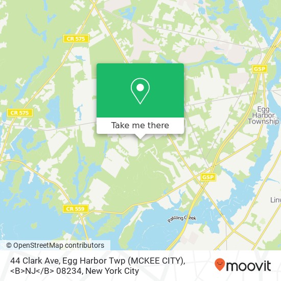 Mapa de 44 Clark Ave, Egg Harbor Twp (MCKEE CITY), <B>NJ< / B> 08234