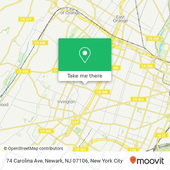 Mapa de 74 Carolina Ave, Newark, NJ 07106