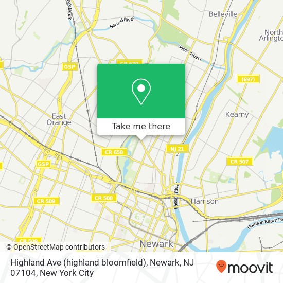 Mapa de Highland Ave (highland bloomfield), Newark, NJ 07104