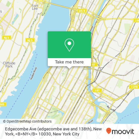 Mapa de Edgecombe Ave (edgecombe ave and 138th), New York, <B>NY< / B> 10030