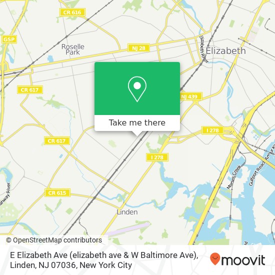 Mapa de E Elizabeth Ave (elizabeth ave & W Baltimore Ave), Linden, NJ 07036
