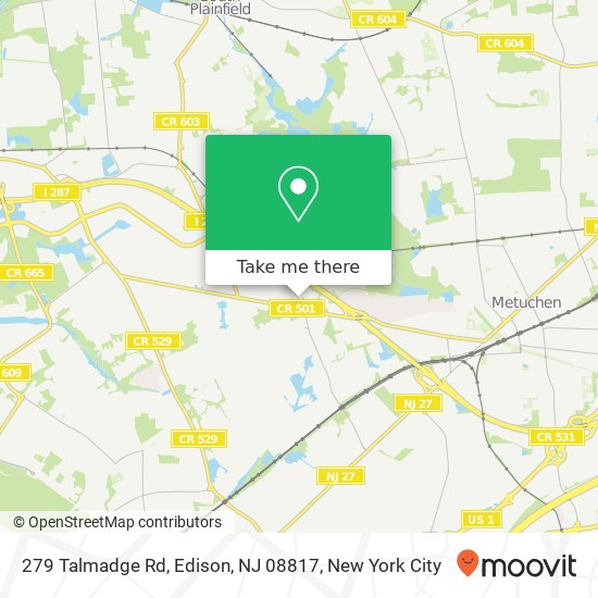 Mapa de 279 Talmadge Rd, Edison, NJ 08817