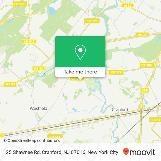 Mapa de 25 Shawnee Rd, Cranford, NJ 07016