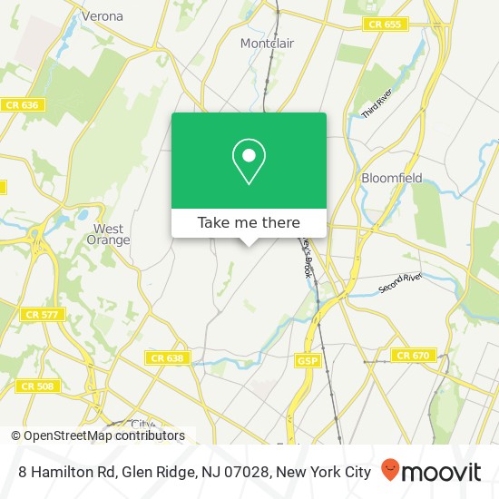 Mapa de 8 Hamilton Rd, Glen Ridge, NJ 07028