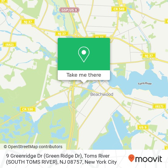 Mapa de 9 Greenridge Dr (Green Ridge Dr), Toms River (SOUTH TOMS RIVER), NJ 08757