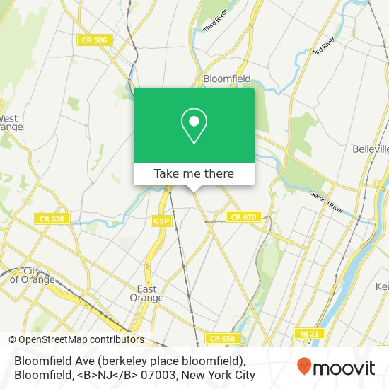 Mapa de Bloomfield Ave (berkeley place bloomfield), Bloomfield, <B>NJ< / B> 07003