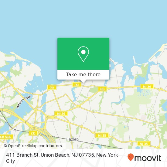 Mapa de 411 Branch St, Union Beach, NJ 07735