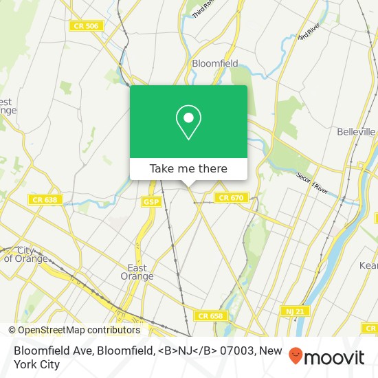 Mapa de Bloomfield Ave, Bloomfield, <B>NJ< / B> 07003