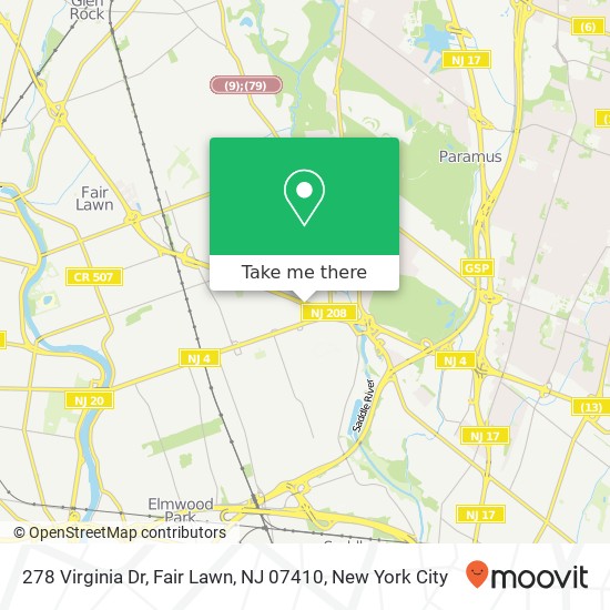 Mapa de 278 Virginia Dr, Fair Lawn, NJ 07410