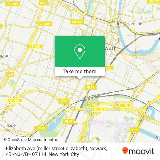 Mapa de Elizabeth Ave (miller street elizabeth), Newark, <B>NJ< / B> 07114
