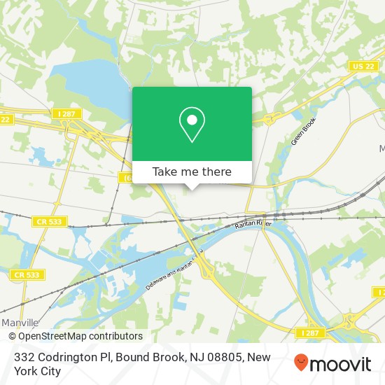 Mapa de 332 Codrington Pl, Bound Brook, NJ 08805