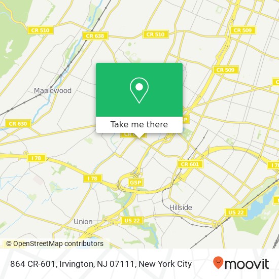 Mapa de 864 CR-601, Irvington, NJ 07111