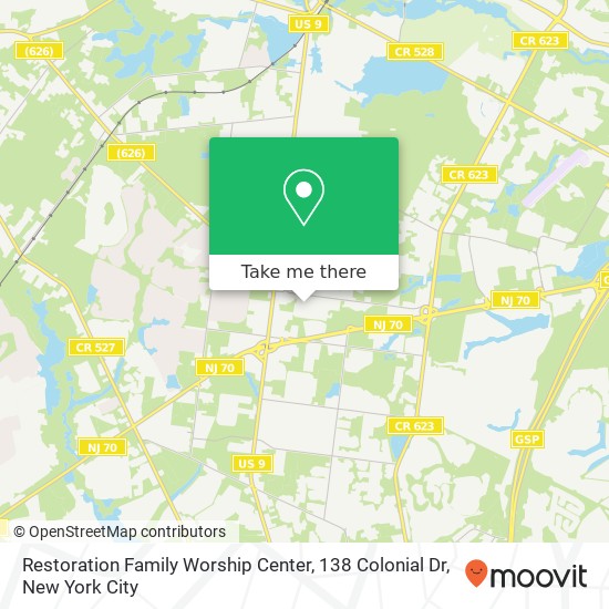 Mapa de Restoration Family Worship Center, 138 Colonial Dr