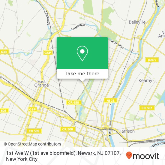 Mapa de 1st Ave W (1st ave bloomfield), Newark, NJ 07107