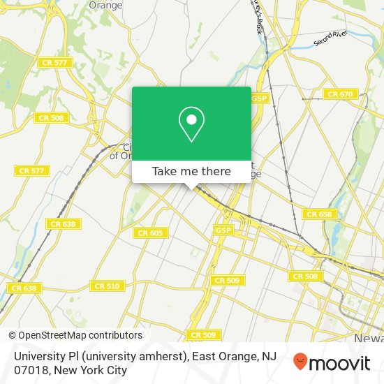 Mapa de University Pl (university amherst), East Orange, NJ 07018