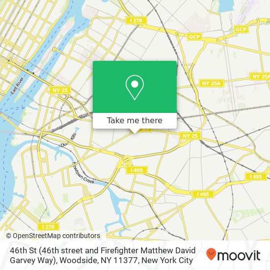 Mapa de 46th St (46th street and Firefighter Matthew David Garvey Way), Woodside, NY 11377