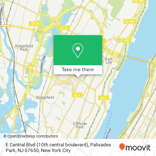 Mapa de E Central Blvd (10th central boulevard), Palisades Park, NJ 07650