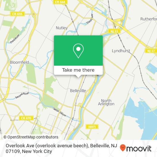 Mapa de Overlook Ave (overlook avenue beech), Belleville, NJ 07109