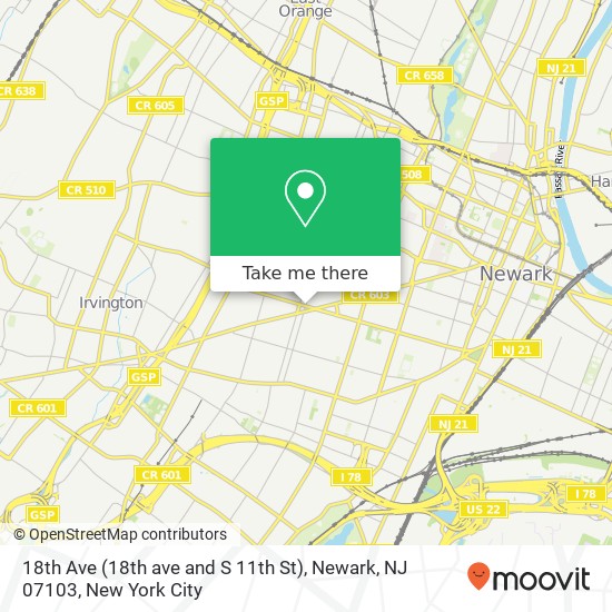 Mapa de 18th Ave (18th ave and S 11th St), Newark, NJ 07103
