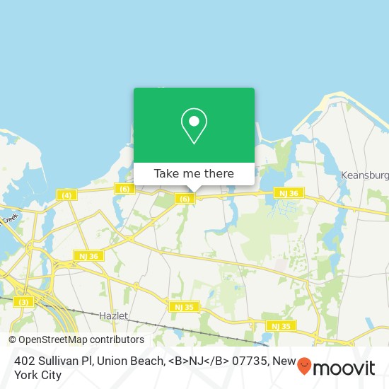 Mapa de 402 Sullivan Pl, Union Beach, <B>NJ< / B> 07735