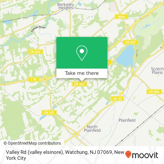 Mapa de Valley Rd (valley elsinore), Watchung, NJ 07069