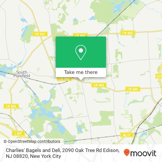Mapa de Charlies' Bagels and Deli, 2090 Oak Tree Rd Edison, NJ 08820