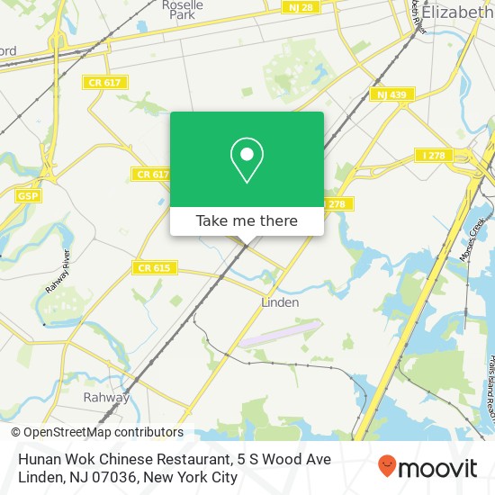 Mapa de Hunan Wok Chinese Restaurant, 5 S Wood Ave Linden, NJ 07036