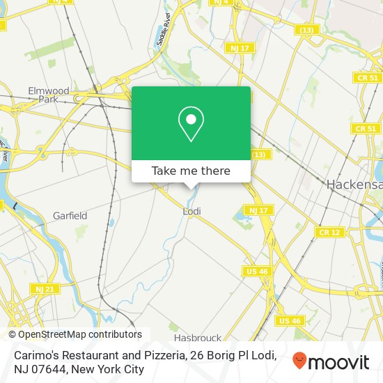 Mapa de Carimo's Restaurant and Pizzeria, 26 Borig Pl Lodi, NJ 07644