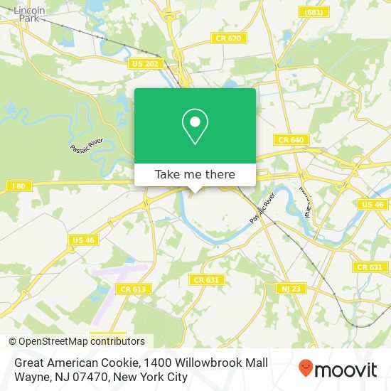 Mapa de Great American Cookie, 1400 Willowbrook Mall Wayne, NJ 07470