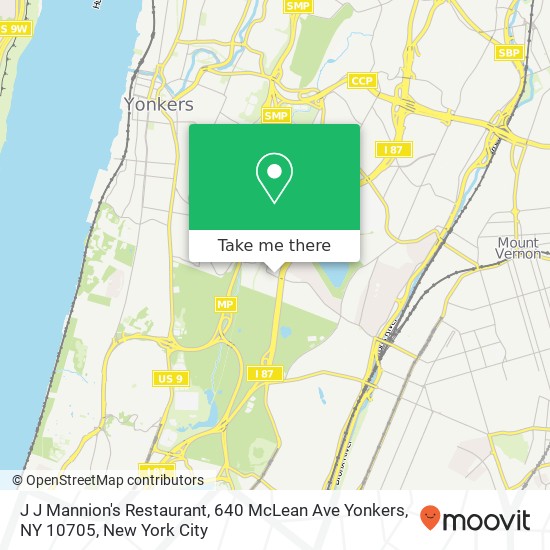 Mapa de J J Mannion's Restaurant, 640 McLean Ave Yonkers, NY 10705