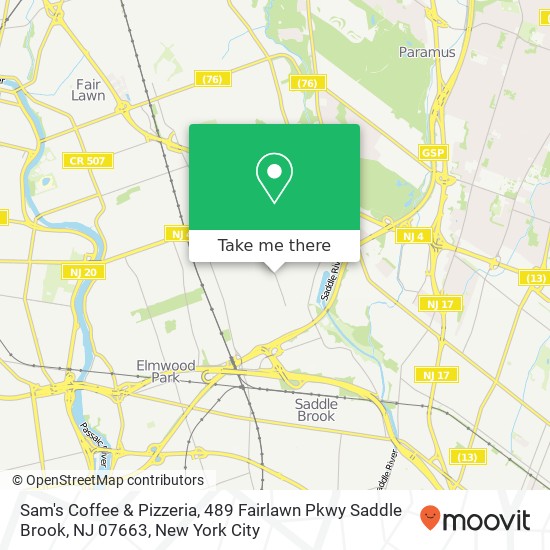 Mapa de Sam's Coffee & Pizzeria, 489 Fairlawn Pkwy Saddle Brook, NJ 07663