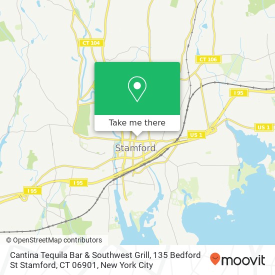 Mapa de Cantina Tequila Bar & Southwest Grill, 135 Bedford St Stamford, CT 06901