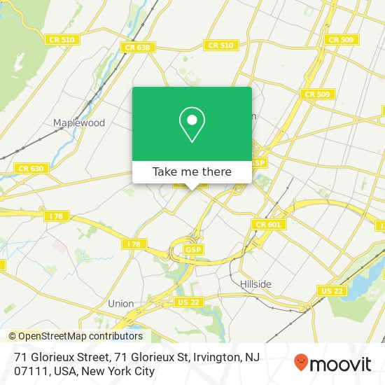 Mapa de 71 Glorieux Street, 71 Glorieux St, Irvington, NJ 07111, USA
