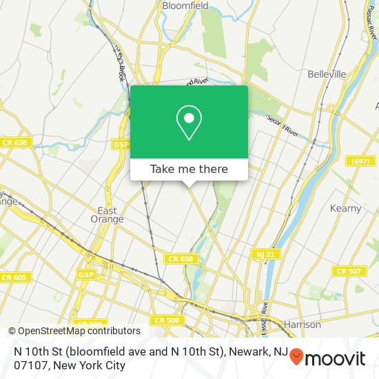 Mapa de N 10th St (bloomfield ave and N 10th St), Newark, NJ 07107