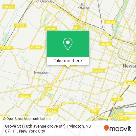 Mapa de Grove St (18th avenue grove str), Irvington, NJ 07111