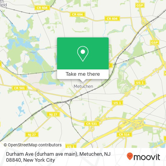 Mapa de Durham Ave (durham ave main), Metuchen, NJ 08840