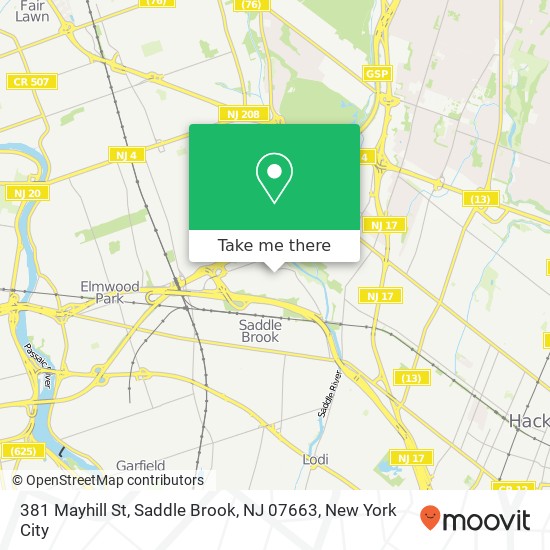 Mapa de 381 Mayhill St, Saddle Brook, NJ 07663