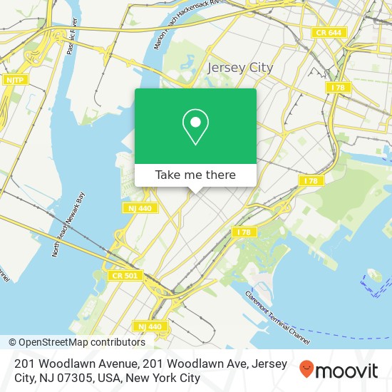 Mapa de 201 Woodlawn Avenue, 201 Woodlawn Ave, Jersey City, NJ 07305, USA