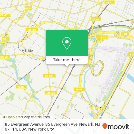 Mapa de 85 Evergreen Avenue, 85 Evergreen Ave, Newark, NJ 07114, USA