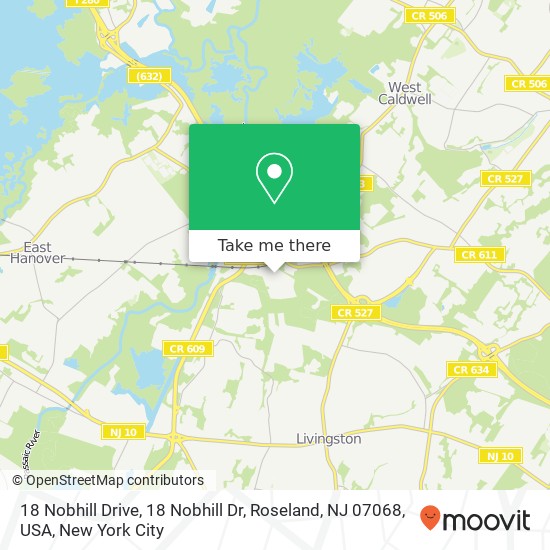 Mapa de 18 Nobhill Drive, 18 Nobhill Dr, Roseland, NJ 07068, USA