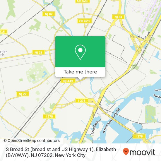 Mapa de S Broad St (broad st and US Highway 1), Elizabeth (BAYWAY), NJ 07202