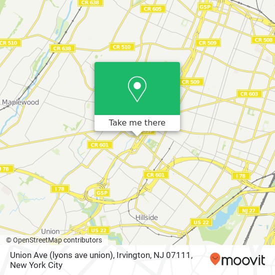 Mapa de Union Ave (lyons ave union), Irvington, NJ 07111