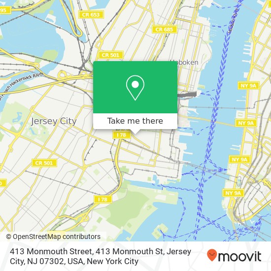 Mapa de 413 Monmouth Street, 413 Monmouth St, Jersey City, NJ 07302, USA