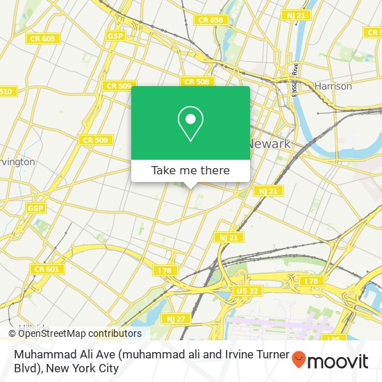 Mapa de Muhammad Ali Ave (muhammad ali and Irvine Turner Blvd), Newark, NJ 07108