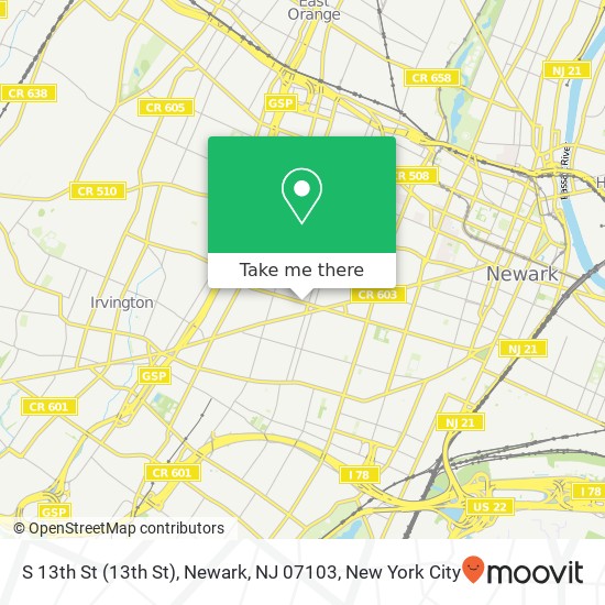 Mapa de S 13th St (13th St), Newark, NJ 07103