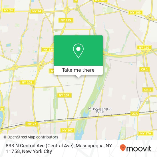 Mapa de 833 N Central Ave (Central Ave), Massapequa, NY 11758